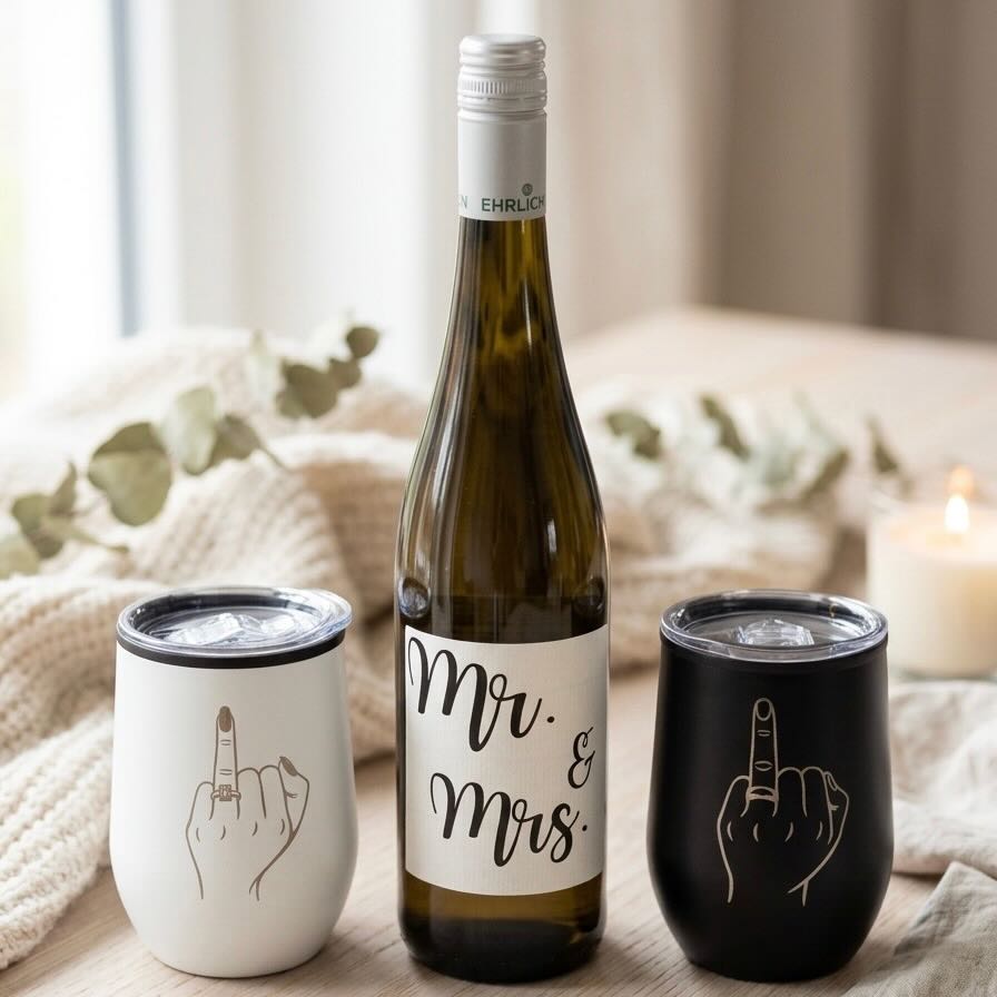Lustiges Hochzeitsgeschenk Set: 2x Thermobecher & Wein-Etikett für Brautpaare mit Humor Lieblingsschuppen.de