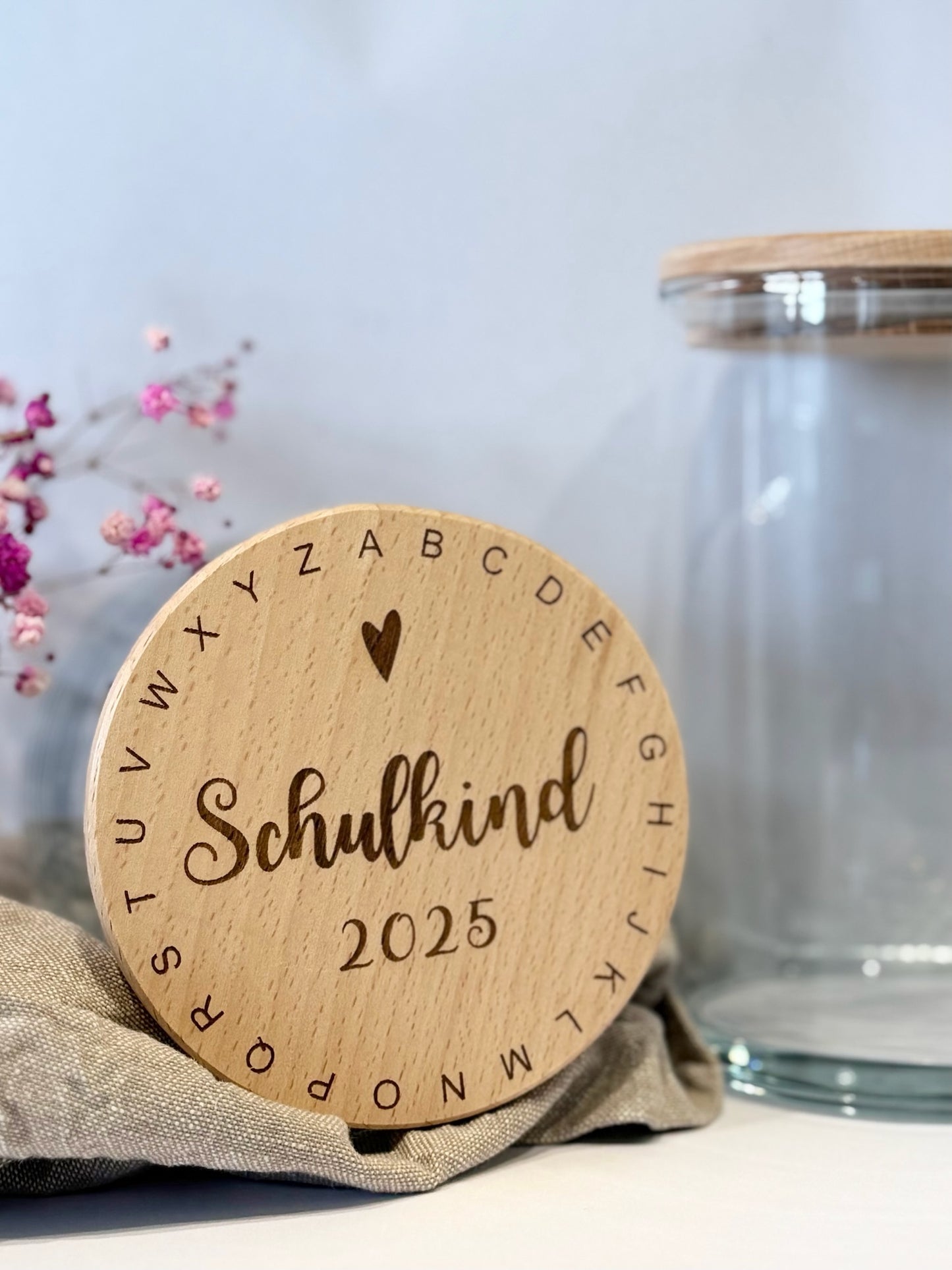 Vorratsglas "Schulkind 2025" mit Alphabet-Kreis & Name