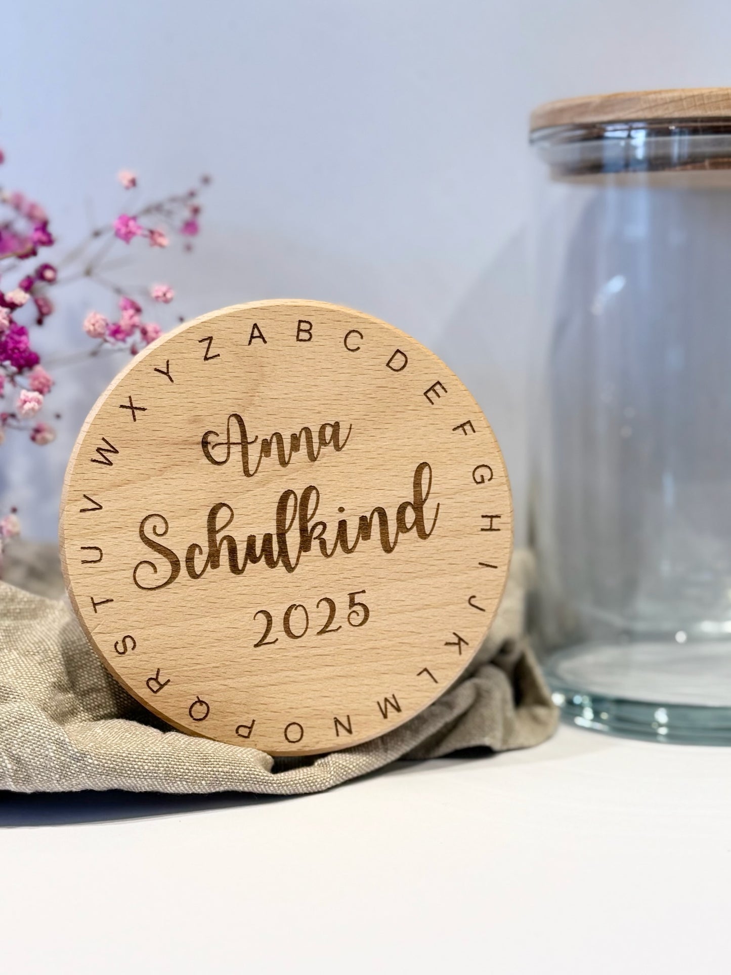 Vorratsglas "Schulkind 2025" mit Alphabet-Kreis & Name