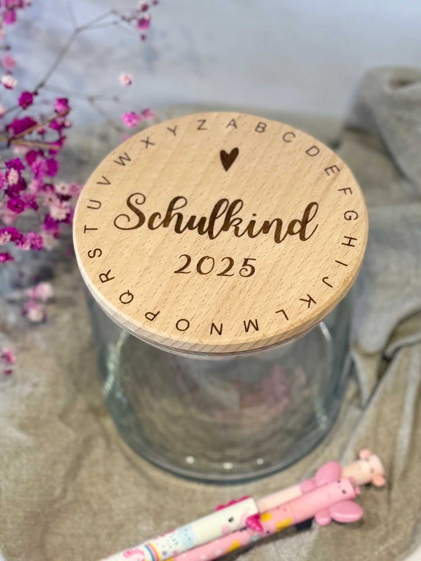 Vorratsglas "Schulkind 2025" mit Alphabet-Kreis & Name