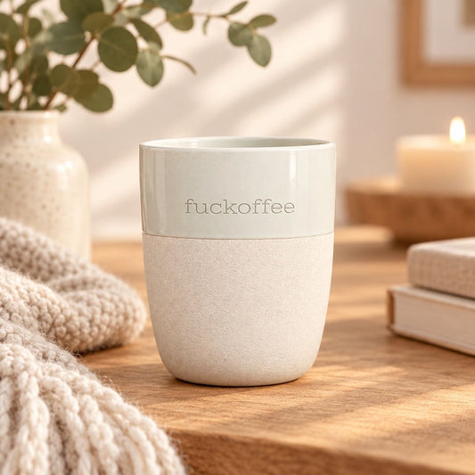 XL Steinzeug-Becher 440 ml im zweifarbigen Handmade-Look mit frechem 'Fuckoffee'-Spruch