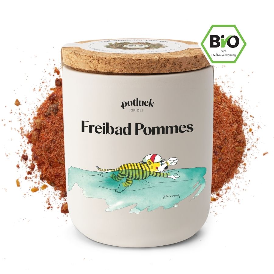 Bio Freibad Pommes Gewürz 80g von Potluck & Janosch – Verpackung