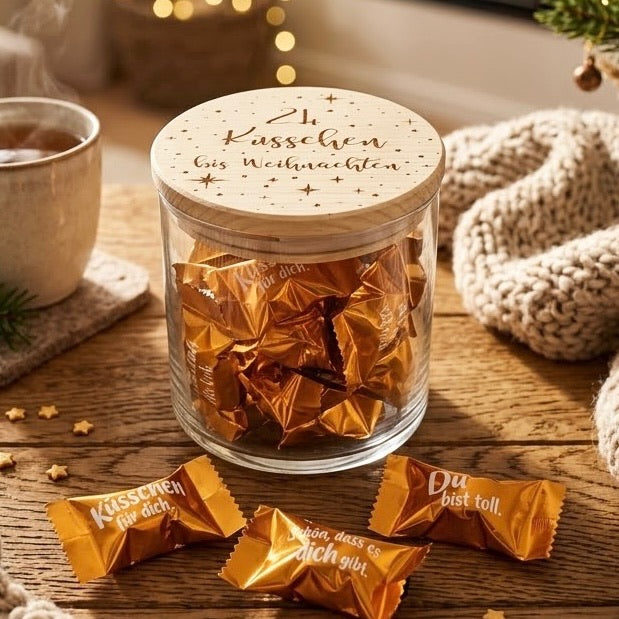 24 Küsschen bis Weihnachten – Adventskalender Glas zum Selbstbefüllen
