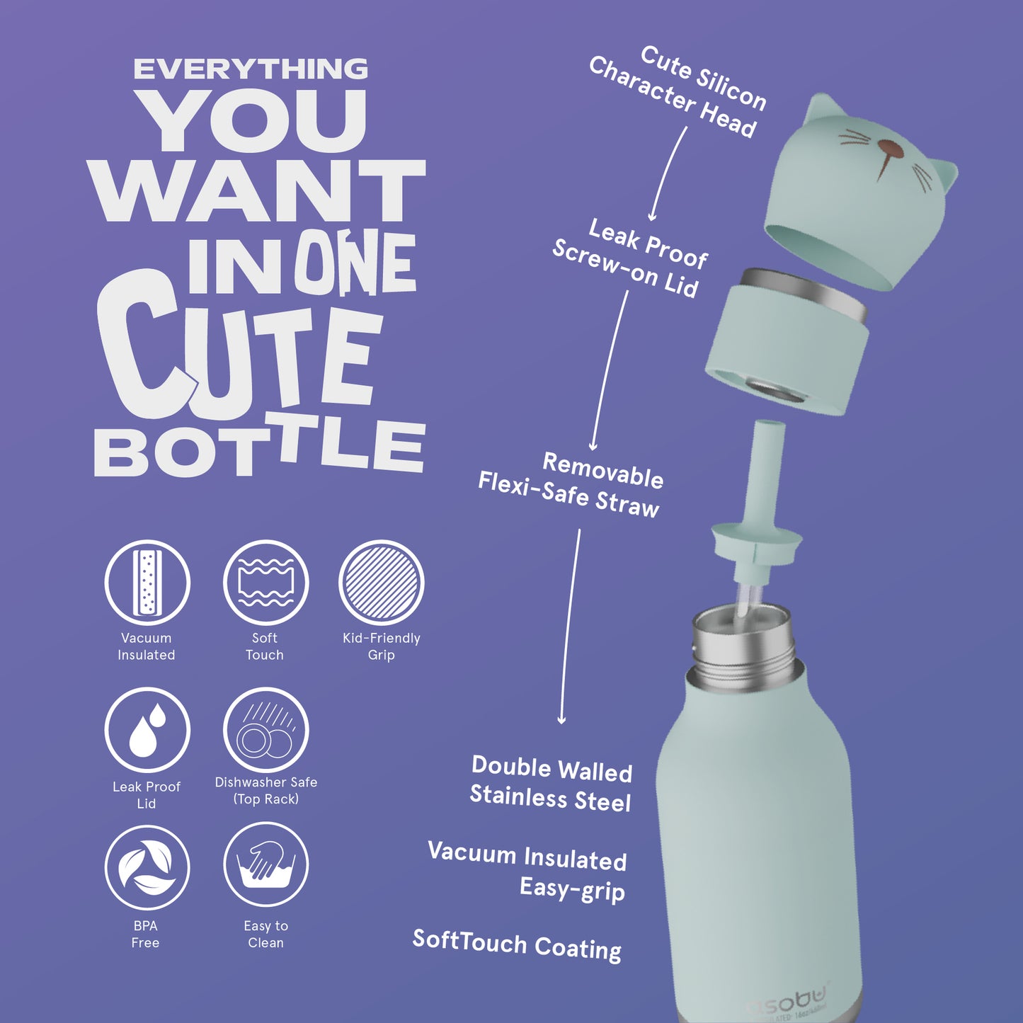 ASOBU Bestie Katze Trinkflasche 460ml – Ansicht 4