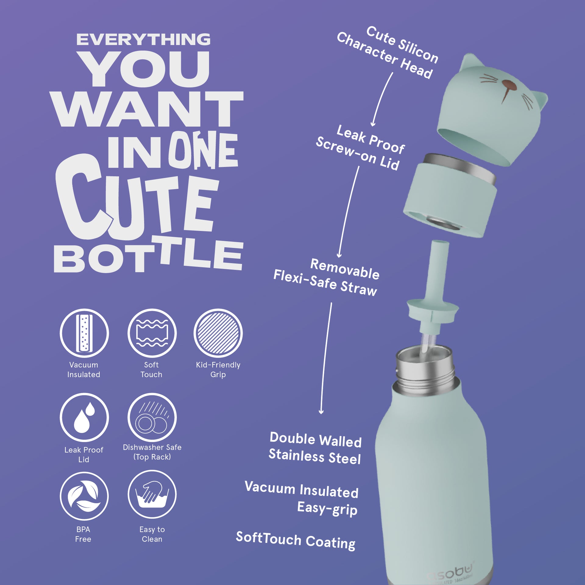 ASOBU Bestie Katze Trinkflasche 460ml – Ansicht 4