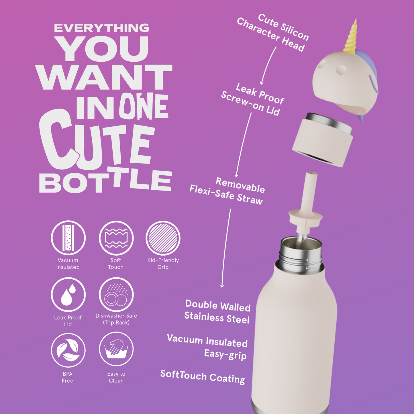 ASOBU Bestie Einhorn Trinkflasche 460ml – Ansicht 2