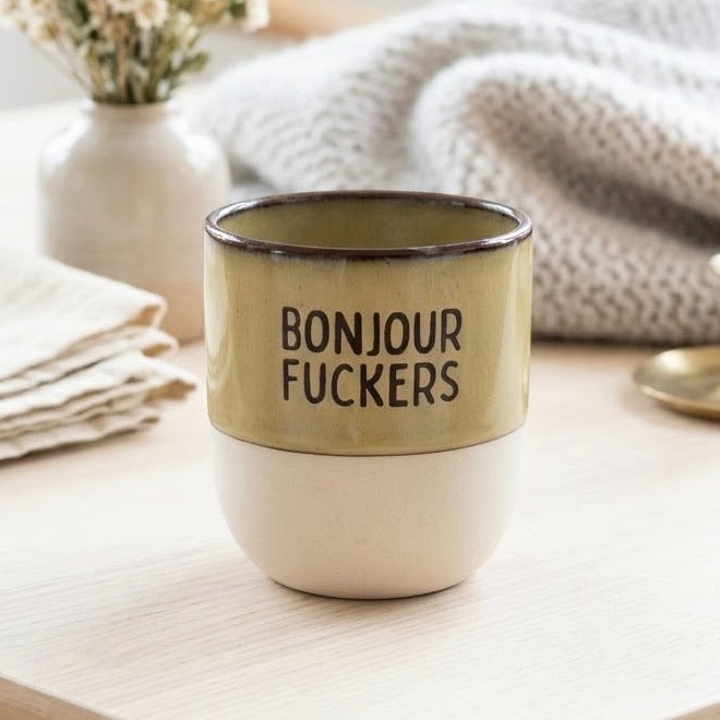 Bonjour Fuckers Tasse – Steingut Handmade Look Lieblingsschuppen.de