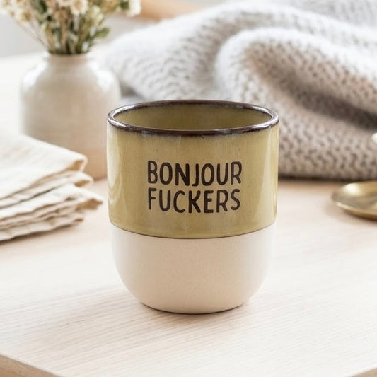 Bonjour Fuckers Tasse – Steingut Handmade Look Lieblingsschuppen.de