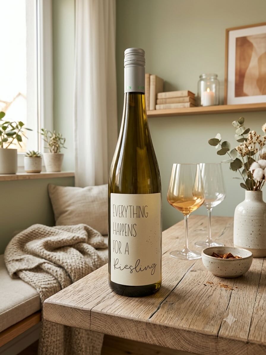 Weinetikett Everything happens for a Riesling - 4 selbstklebende Flaschenaufkleber Lieblingsschuppen.de