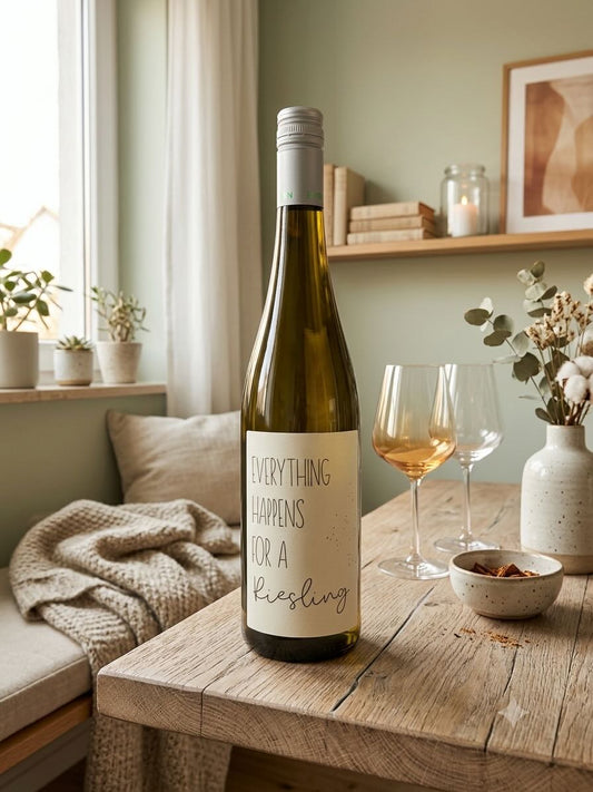 Weinetikett Everything happens for a Riesling - 4 selbstklebende Flaschenaufkleber Lieblingsschuppen.de