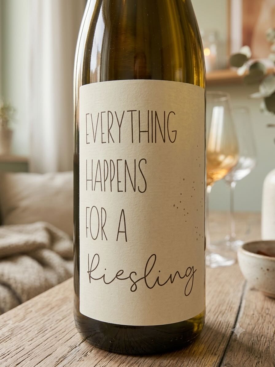 Weinetikett Everything happens for a Riesling - 4 selbstklebende Flaschenaufkleber Lieblingsschuppen.de