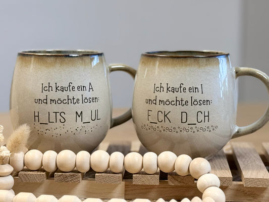 Galgenmännchen-Tasse – Statement mit 400 ml – „H_ALTS M_AUL“ oder „F_CK D_CH“
