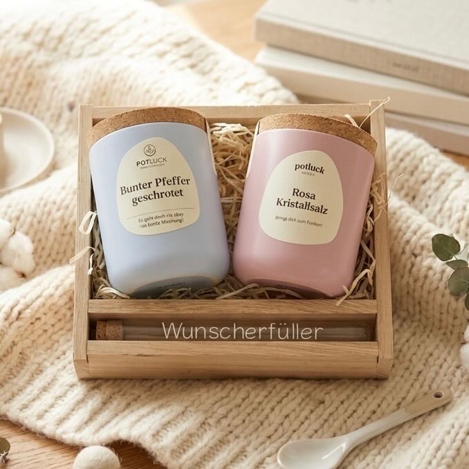 Hochzeitsgeschenk Set – Holzrahmen mit Potluck Gewürzen & Geldreagenzglas Lieblingsschuppen.de