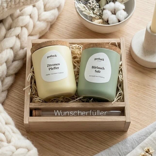 Hochzeitsgeschenk Set – Holzrahmen mit Potluck Gewürzen & Geldreagenzglas Lieblingsschuppen.de