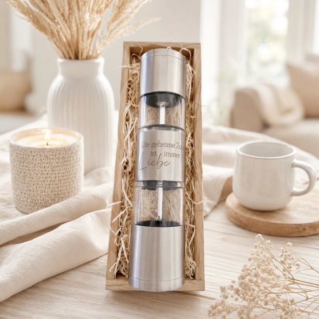 Wendbare Salz- und Pfeffermühle mit Gravur im Holzkasten – Hochzeitsgeschenk Lieblingsschuppen.de
