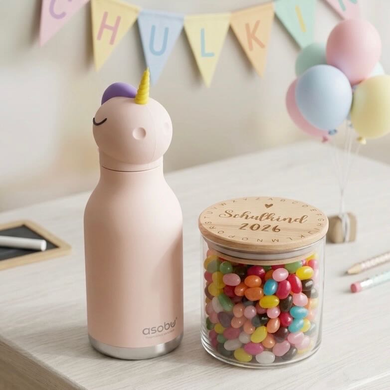 Schulanfangs-Set: ASOBU Bestie Trinkflasche + Glas „Schulkind 2026“ ASOBU