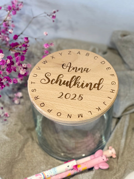 Vorratsglas "Schulkind 2025" mit Alphabet-Kreis & Name