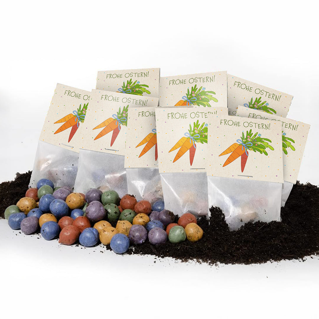 10x5 Blumenmurmeln im Tütchen "Möhren" - Frohe Ostern