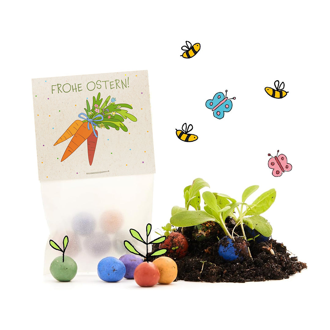 10x5 Blumenmurmeln im Tütchen "Möhren" - Frohe Ostern