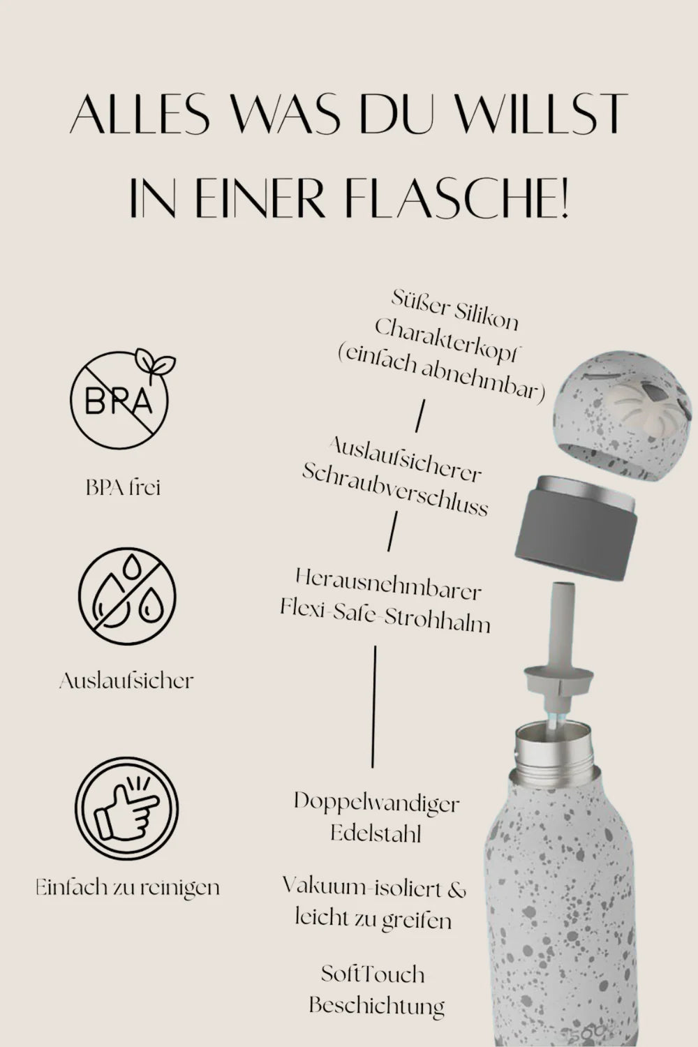 ASOBU Bestie Robbe Trinkflasche 460ml - Kinder Edelstahl Isolierflasche