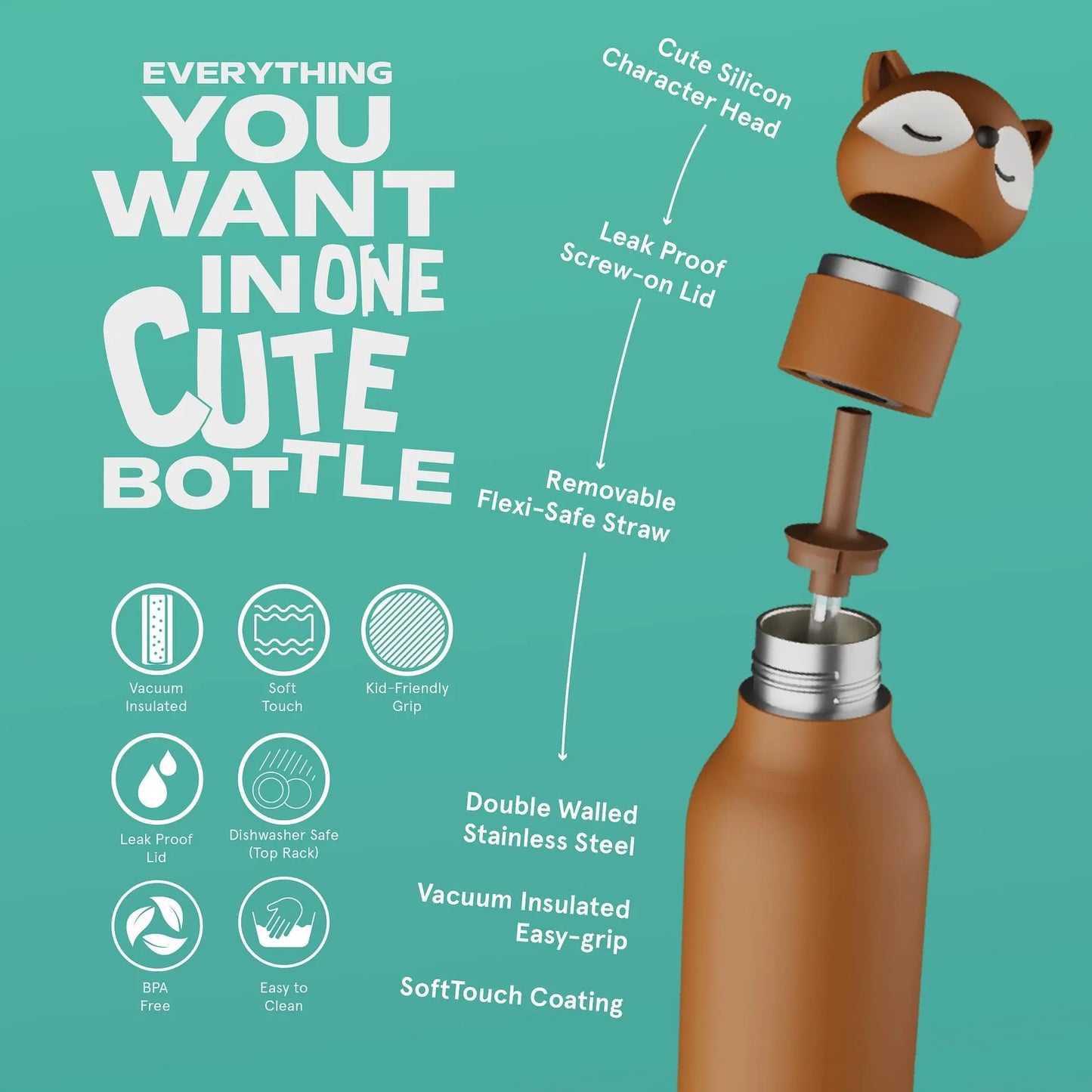 ASOBU Bestie Fuchs Kinder Trinkflasche 460ml – Edelstahl, auslaufsicher für Kita & Schule Lieblingsschuppen.de