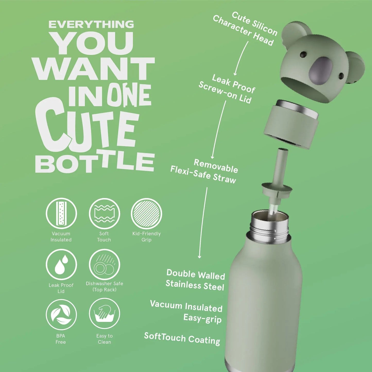 ASOBU Bestie Koala Kinder Trinkflasche 460ml – Edelstahl, auslaufsicher, BPA-frei für Kita & Schulanfang Lieblingsschuppen.de