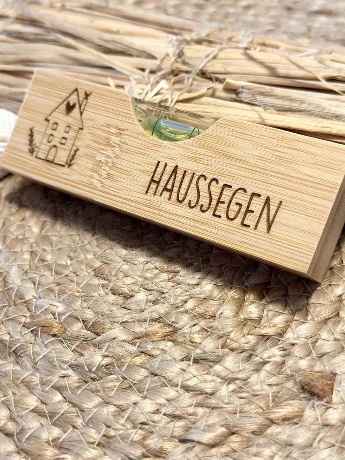 Personalisierte Wasserwaage aus Holz mit Gravur 'Haussegen', Geschenk von Lieblingsschuppen.de