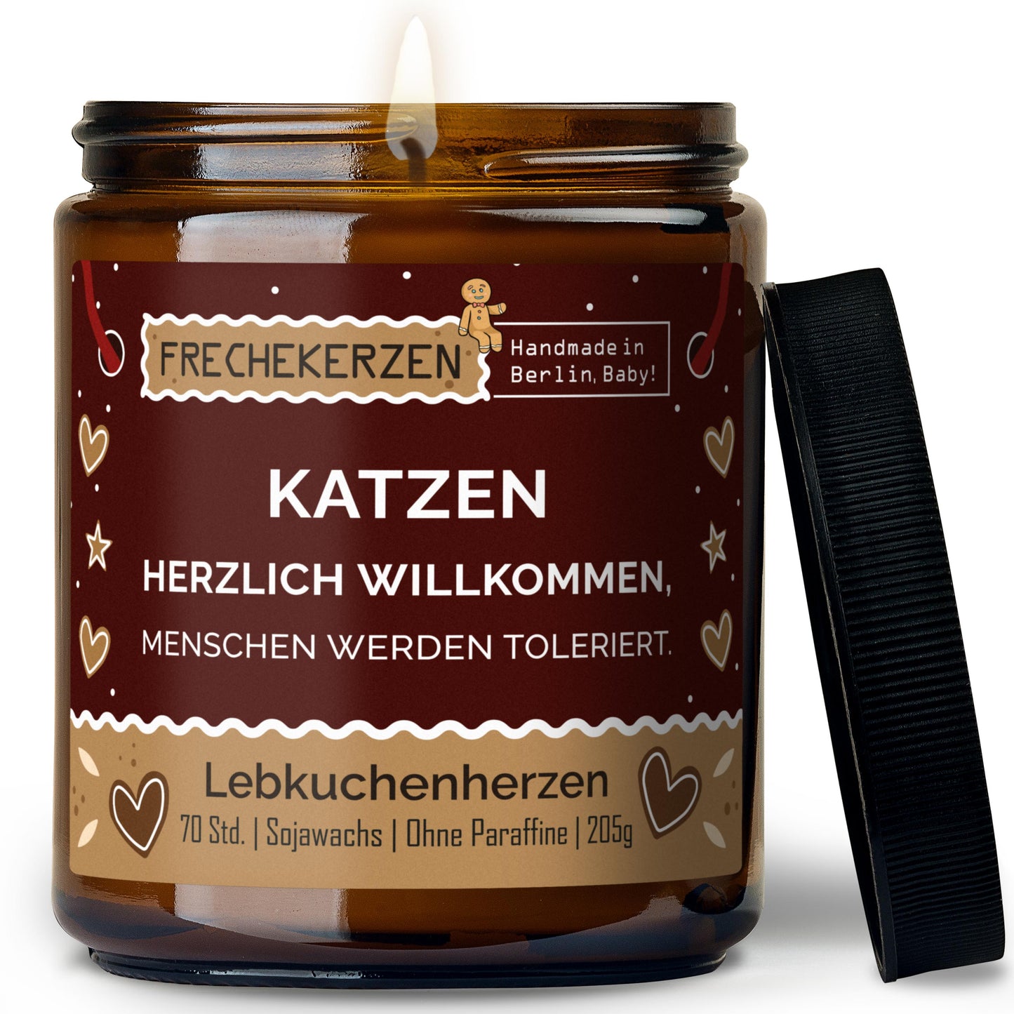 Freche Katzen Kerze mit Spruch „Katzen herzlich willkommen“, Lustige Duftkerze im Glas