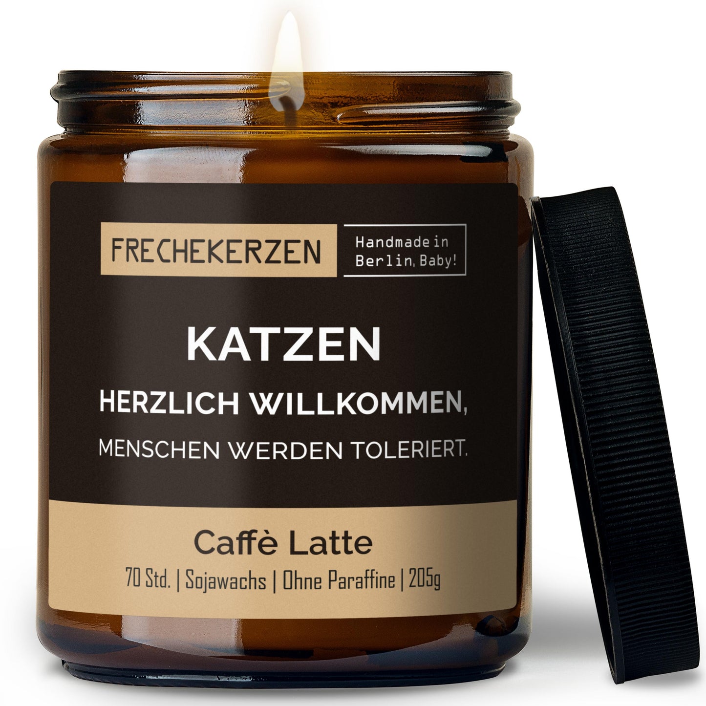 Freche Katzen Kerze mit Spruch „Katzen herzlich willkommen“, Lustige Duftkerze im Glas